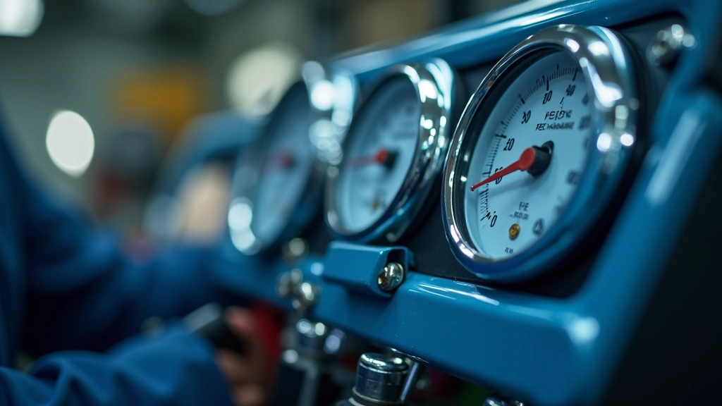 AC recharge station showing pressure gauges and refrigerant recovery machine connected to vehicle