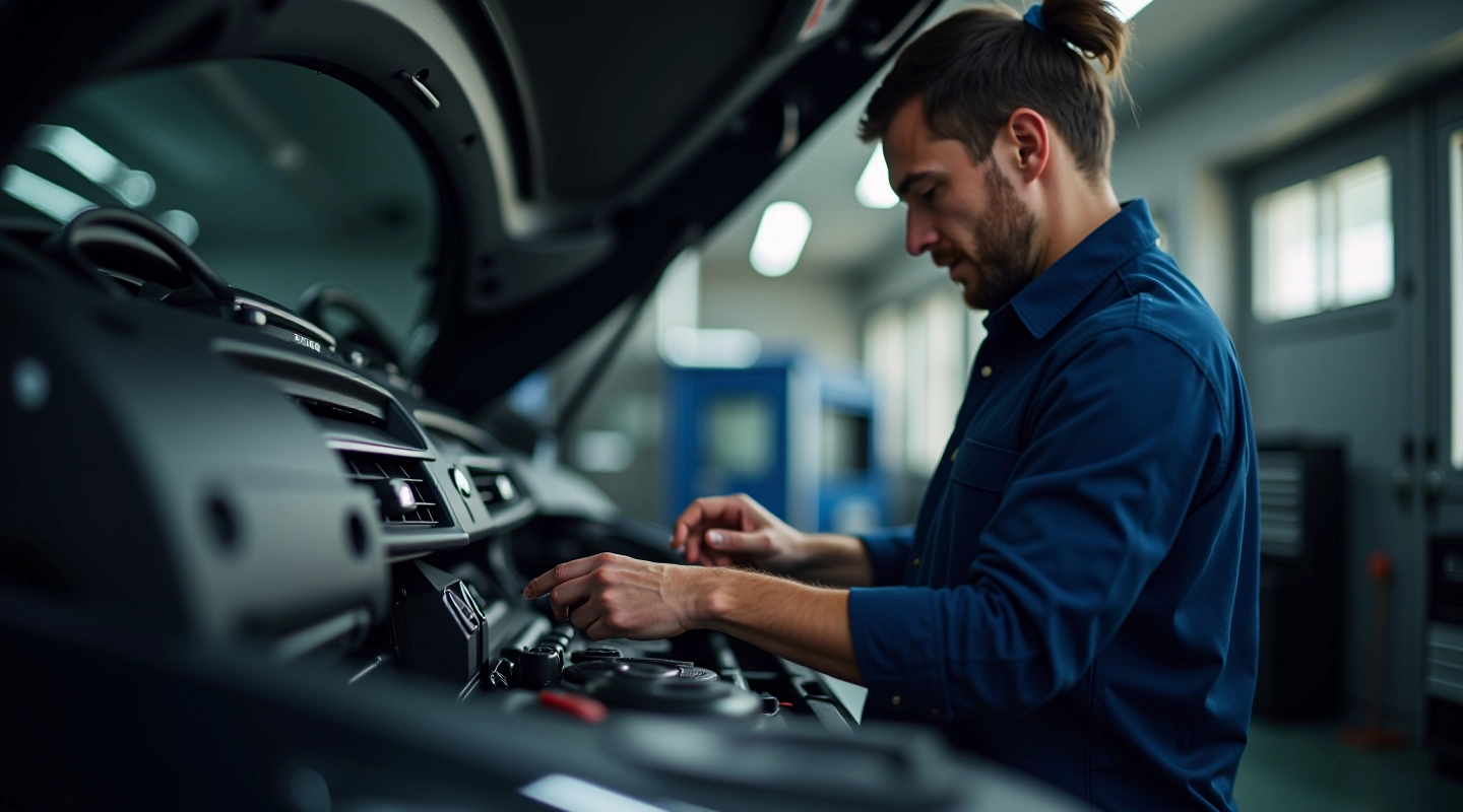 AC technician servicing vehicle air conditioning system