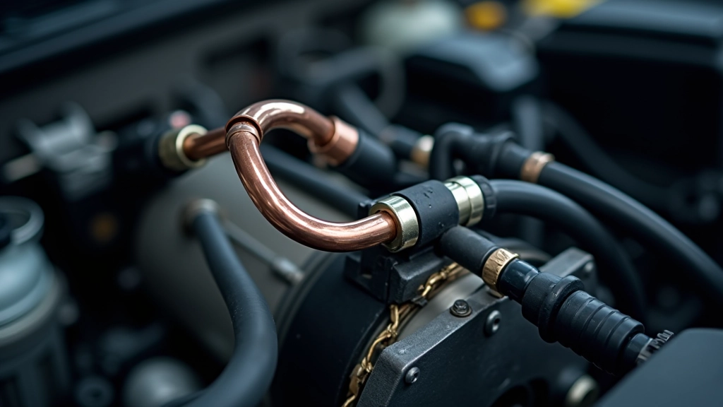 Close-up of AC compressor and refrigerant lines showing connection points and hose assemblies
