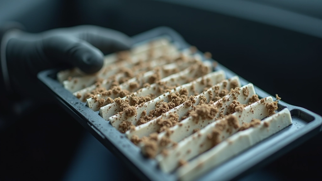 Close-up macro view of clogged cabin filter showing accumulated dust, pollen, and debris buildup