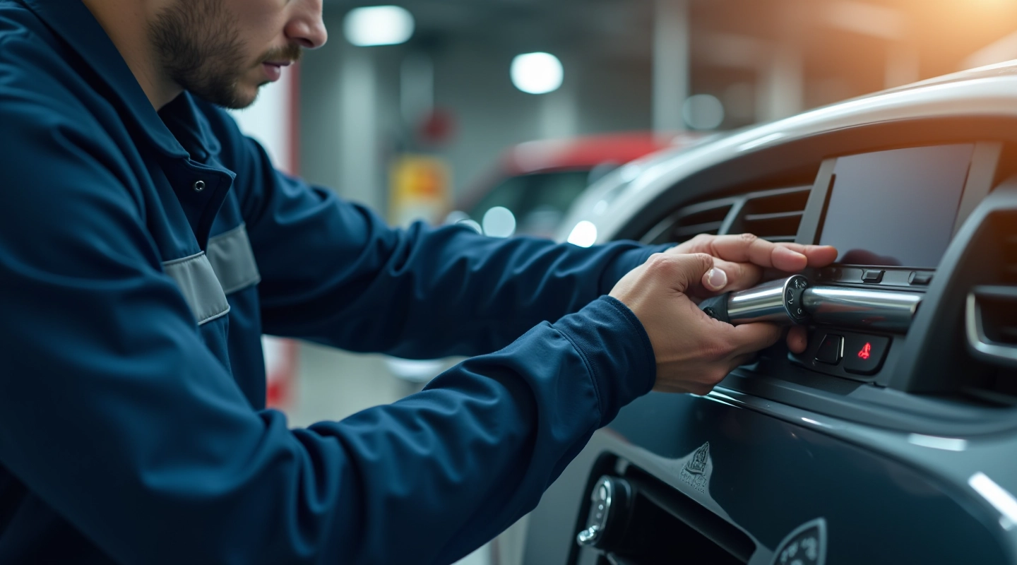 Professional technician performing vehicle air conditioning system service