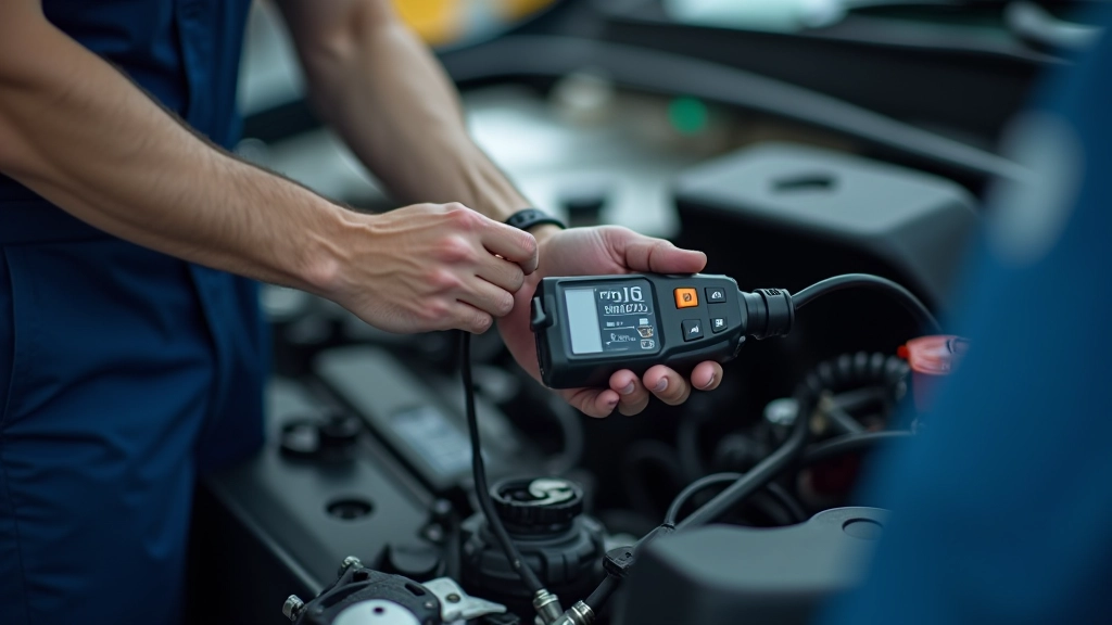 Technician using electronic leak detection equipment on AC system hoses and connections in engine bay