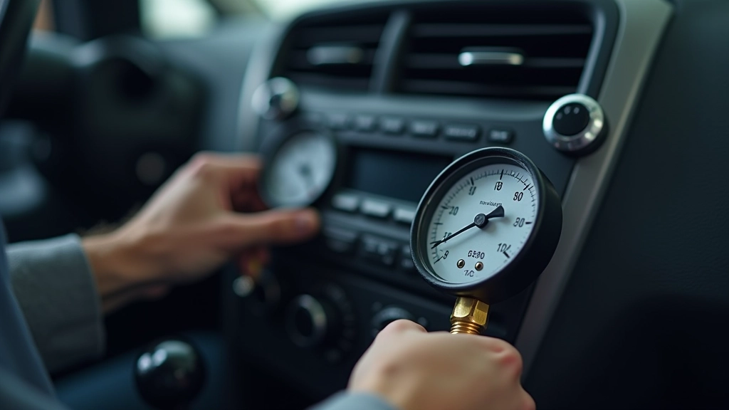 AC refrigerant pressure gauge showing system pressure reading during diagnostic test