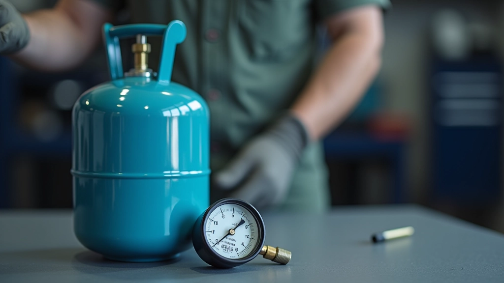 Close-up view of refrigerant gas canister for AC recharge