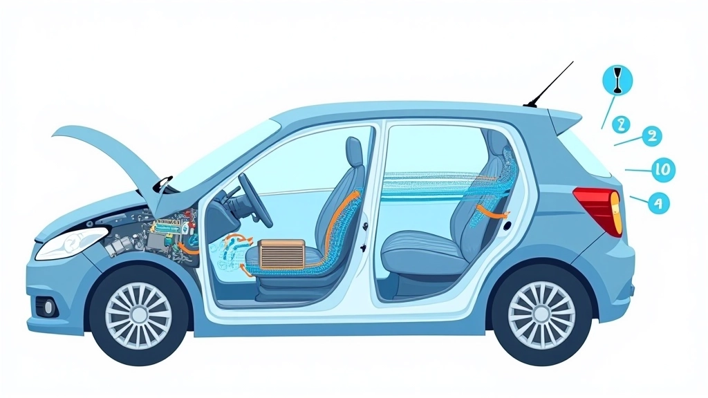 Diagram showing car AC system components including compressor, condenser, evaporator, and filter housing locations