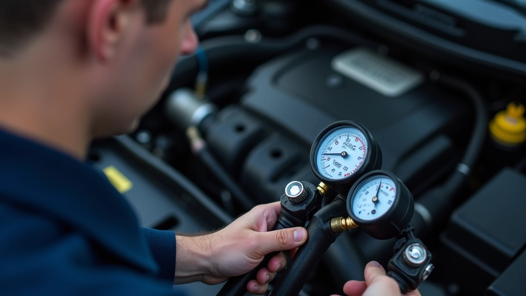 Technician reading pressure gauges on AC manifold, checking system pressures before recharge