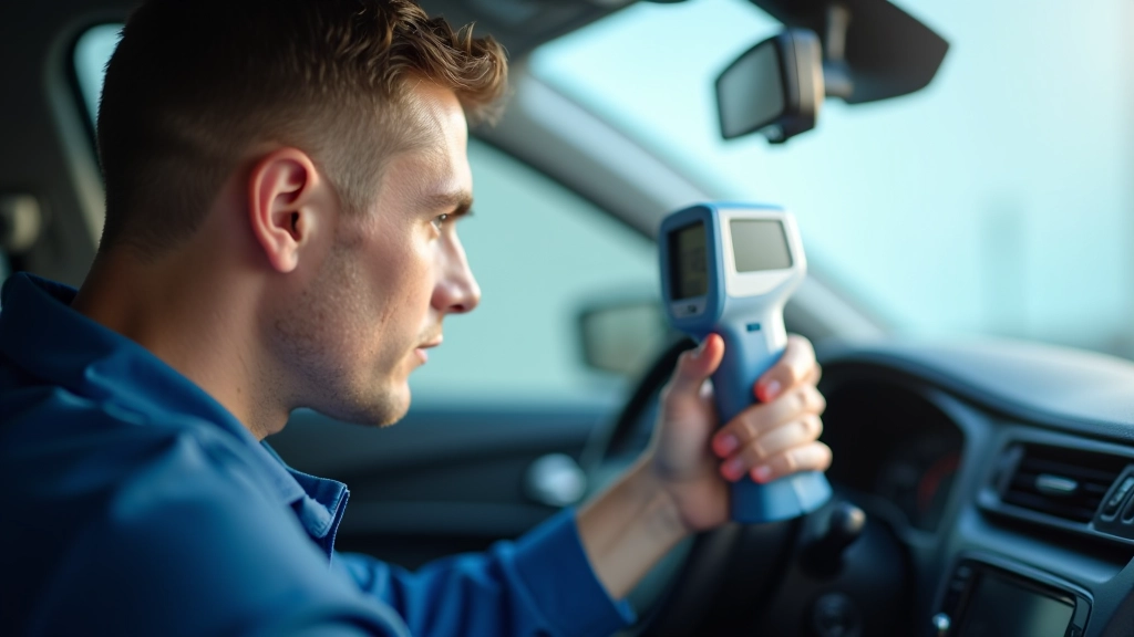 Testing AC output temperature with infrared thermometer, measuring cold air from dashboard vents