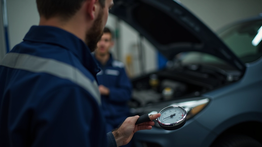 AC service technician holding diagnostic pressure gauge at vehicle engine bay
